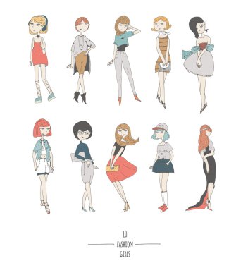 El elbiseler sevimli moda kız ile çizilmiş, farklı saç rengi ve saç modeli ile, akşam ve gündüz giyim. Beyaz eğlenceli doodle karikatür izole, her sevimli kız çeşitli şekillerde poz