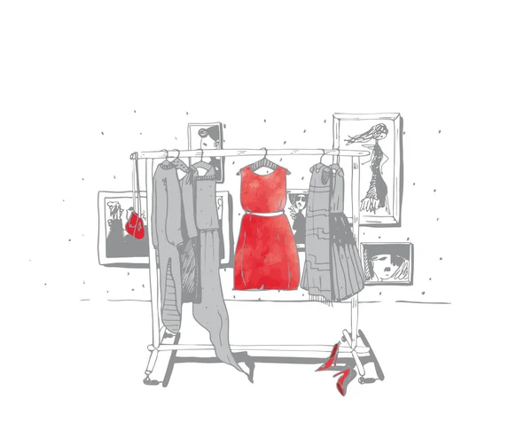 Ασπρόμαυρη εικόνα μόδας με χειροποίητα κρεμάστρες με φορέματα. Εσωτερικό με κορνίζες, παπούτσια. Εικονογράφος σκίτσο, απομονωμένη σε λευκό, με κόκκινη προφορά στο κεντρικό φόρεμα — Διανυσματικό Αρχείο