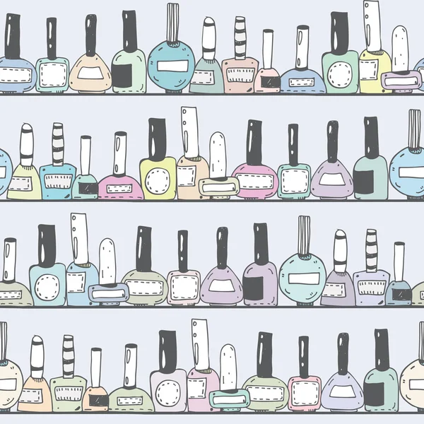 Seamless vector illustration with pastel nail polish bottles on horizontal shelves. Pattern hand drawn with imperfections. Good for beauty shops or nail shop. Closed bottles an grey background. — Stock Vector