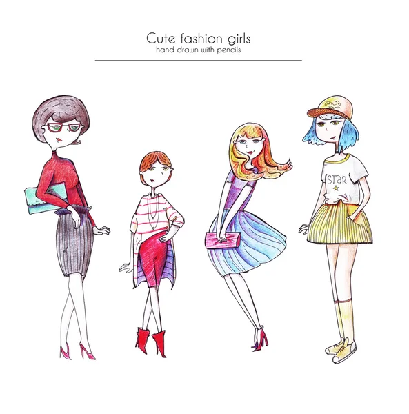 Set of hand drawn fashion girls, drawn with ink and colored pencils, in different hairstyle, dresses, apparel and shoes. Isolated on white illustration, good for advertising, design, print design.