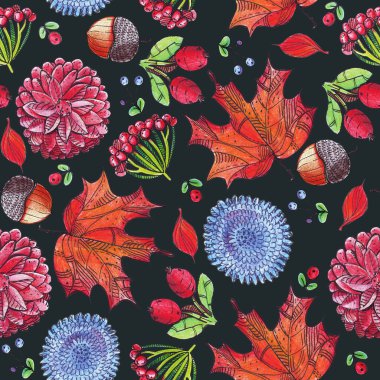 Koyu arka plan üzerinde sonbahar çiçekleri, yaprakları ve çilek ile Dikişsiz illüstrasyon. Renkli kalemlerle çizilmiş desen eli.