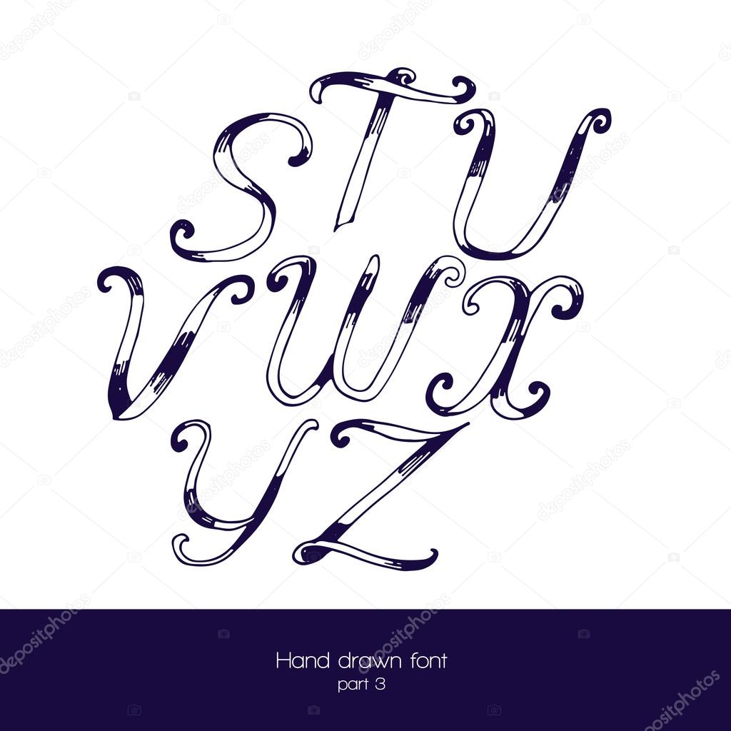 Handdrawn vector font in navy blue and white, isolated on white background. Letter sequence from s to z. Hand drawn with brush painted abc letters, good for lettering design.