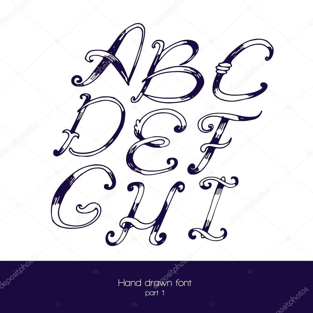 Handdrawn vector font in navy blue and white, isolated on white background. Letter sequence from a to i. Hand drawn with brush painted abc letters, good for lettering design.