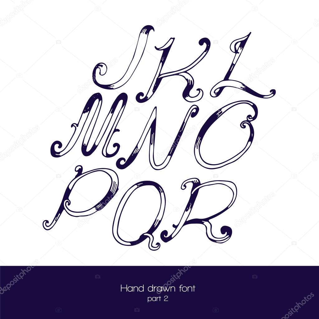 Handdrawn vector font in navy blue and white, isolated on white background. Letter sequence from j to r. Hand drawn with brush painted abc letters, good for lettering design.