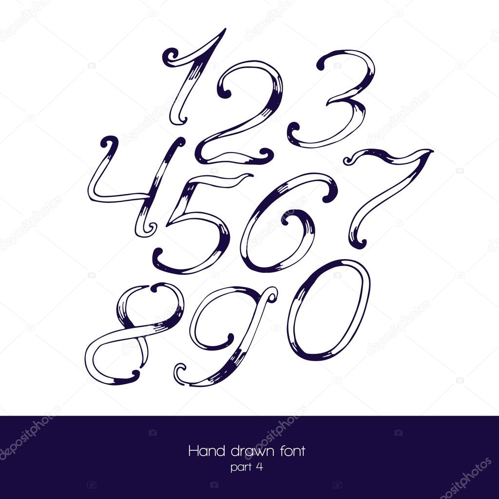 Handdrawn vector font in navy blue and white, isolated on white background. Numbers sequence from 0 to 9. Hand drawn with brush painted digits good for education and count.