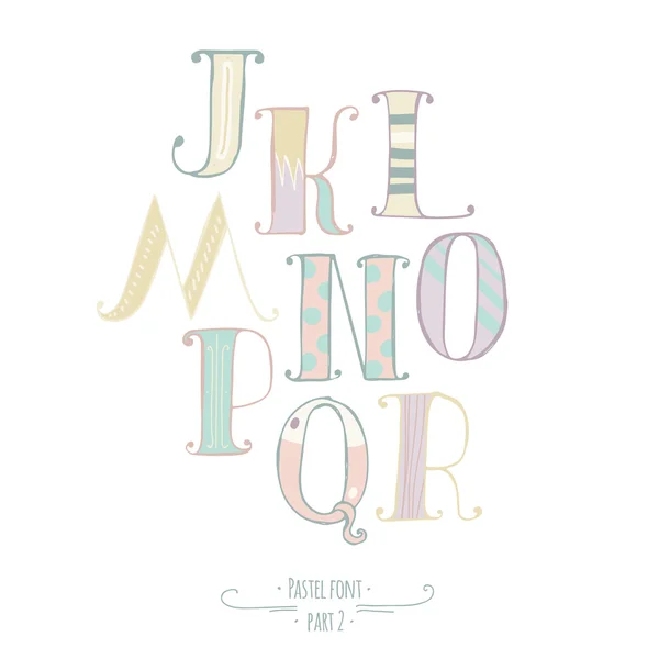 Fuente vectorial dibujada a mano color pastel. Letras abc, decoradas con rayas dibujadas a mano, puntos, remolinos. Conjunto alfabético de letras de J a R, bueno para el diseño de letras, ilustración para niños, impresión . — Archivo Imágenes Vectoriales