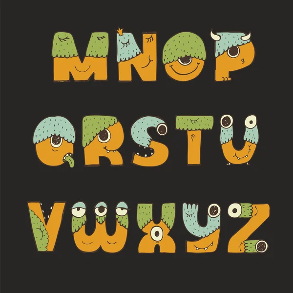 Vector cute kind monster font. Yellow, blue, green. Every letter has unique design with fur, eyes, nose, mouth and teeth. Some have crowns and legs. Letters from M to Z isolated on black background — Stock Vector