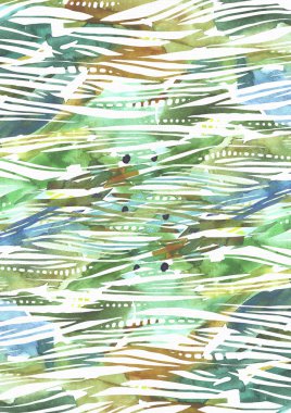 Şerit doku el yeşil ve mavi fırça darbeleri ile soyut suluboya arka plan freehand lekeler, sıçramalar ve boş alan ile çizilmiş. Sunumlar için iyi desenli dikey illüstrasyon