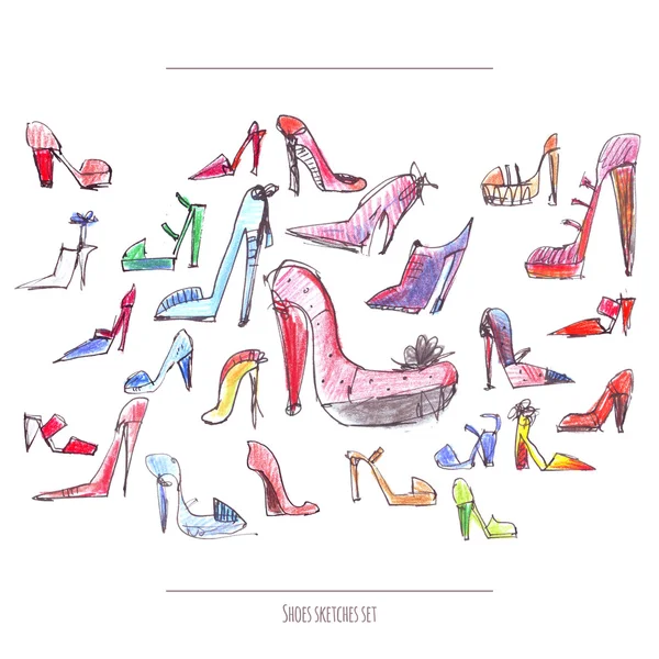 Isolated on white raster illustration with hand drawn in freehand style women shoes with high heels. Large sketch set drawn with ink and color pencils with red, purple and blue main colors — Stock Photo, Image