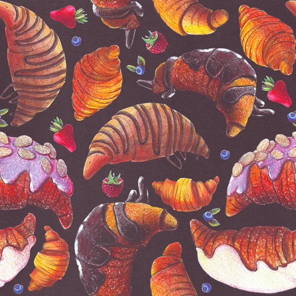 Бесшовная растровая иллюстрация с различными круассанами и ягодами. Круассан с начинкой из струи и шоколадным сиропом, запеченный и жареный. Ручной рисунок с цветными карандашами на темной бумаге — стоковое фото