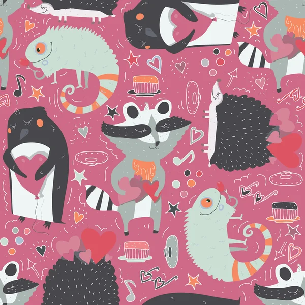 Безшовний векторний візерунок з милими тваринами, такими як єнота, ігуана і їжак і пінгвін з серцями, прикрашений каракулевими зірками, серцями і намальованим ручним декором. Симпатична ілюстрація на яскраво рожевому — стоковий вектор