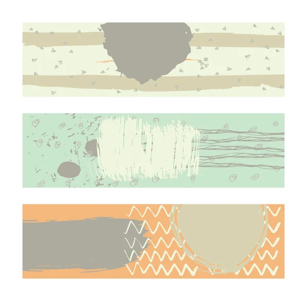 Conjunto de pancartas horizontales, dibujadas a mano, decoradas con rayas de pincel de tinta líquida, trazos y manchas. Aislado en la ilustración del vector de fondo, elegante, con partes imperfectas en colores pastel de primavera — Vector de stock