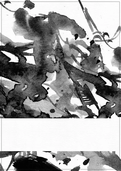 Verticale raster illustratie op wit aquarel papier. Zwarte vloeibare inkt spatten, Daub en uitstrijkjes versierd met lijnen en FreeHand afbeelding. Hand getekende sjabloon met witte lijn voor tekst onder — Stockfoto