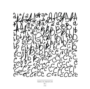 Elle çizilmiş izole beyaz arka plan üzerinde siyah liner harflerle büyük vektör kümesi. Bölüm 1 harf A, B ve mektubu C. koleksiyonu freehand harflerin farklı şekiller ve stilleri içerir.