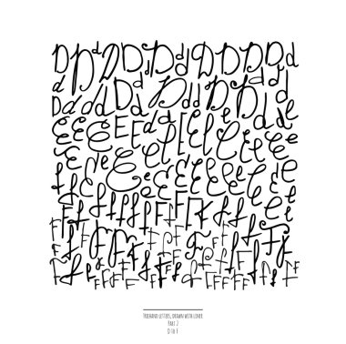 Elle çizilmiş izole beyaz arka plan üzerinde siyah liner harflerle büyük vektör kümesi. Bölüm 2 harf D, F ve mektubu E. koleksiyonu freehand harflerin farklı şekiller ve stilleri içerir.