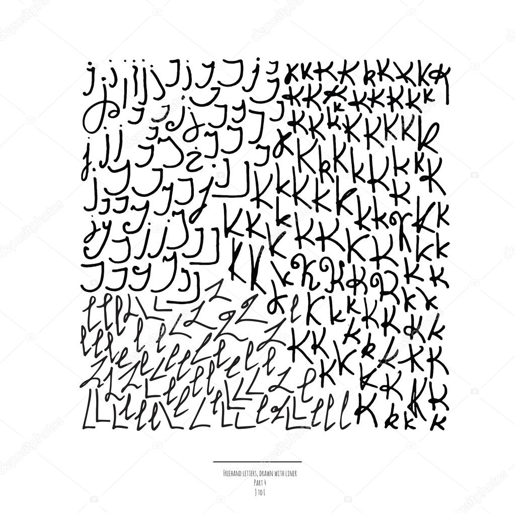 Large vector set of hand drawn with black liner letters, isolated on white background. Part 4 includes letter J, letter K and letter L. Collection of freehand letters in different shapes and styles