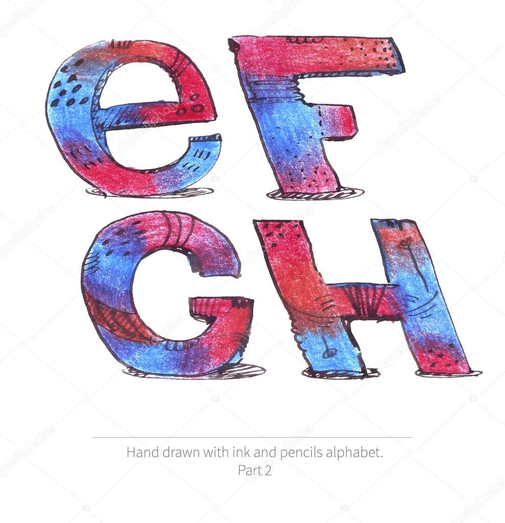 Illustrazione di grande raster con sequenza di lettere da e a h parte dell alfabeto disegnato a mano disegnato con inchiostro e colori matite in stile