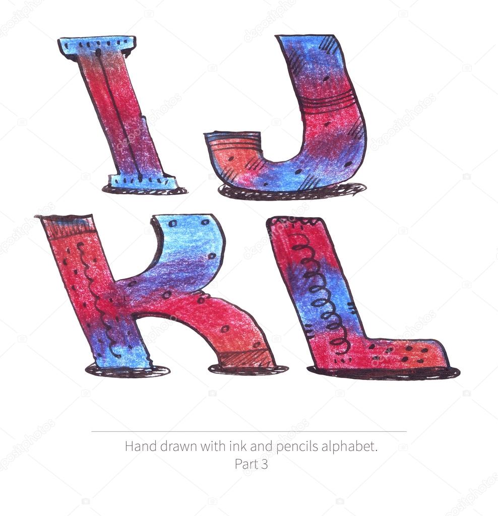 Illustrazione di grande raster con la sequenza di lettere da i a l parte dell alfabeto disegnato a mano disegnato con inchiostro e colori matite in stile
