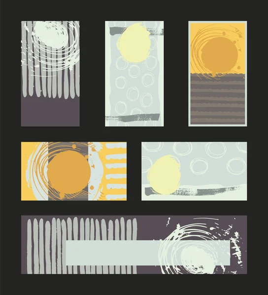 Colección vectorial de tarjetas y pancartas verticales y horizontales de colores pastel, dibujadas a mano con tinta líquida y pincel, con salpicaduras, rayas e imperfecciones. Conjunto de diseños aislados en negro . — Vector de stock