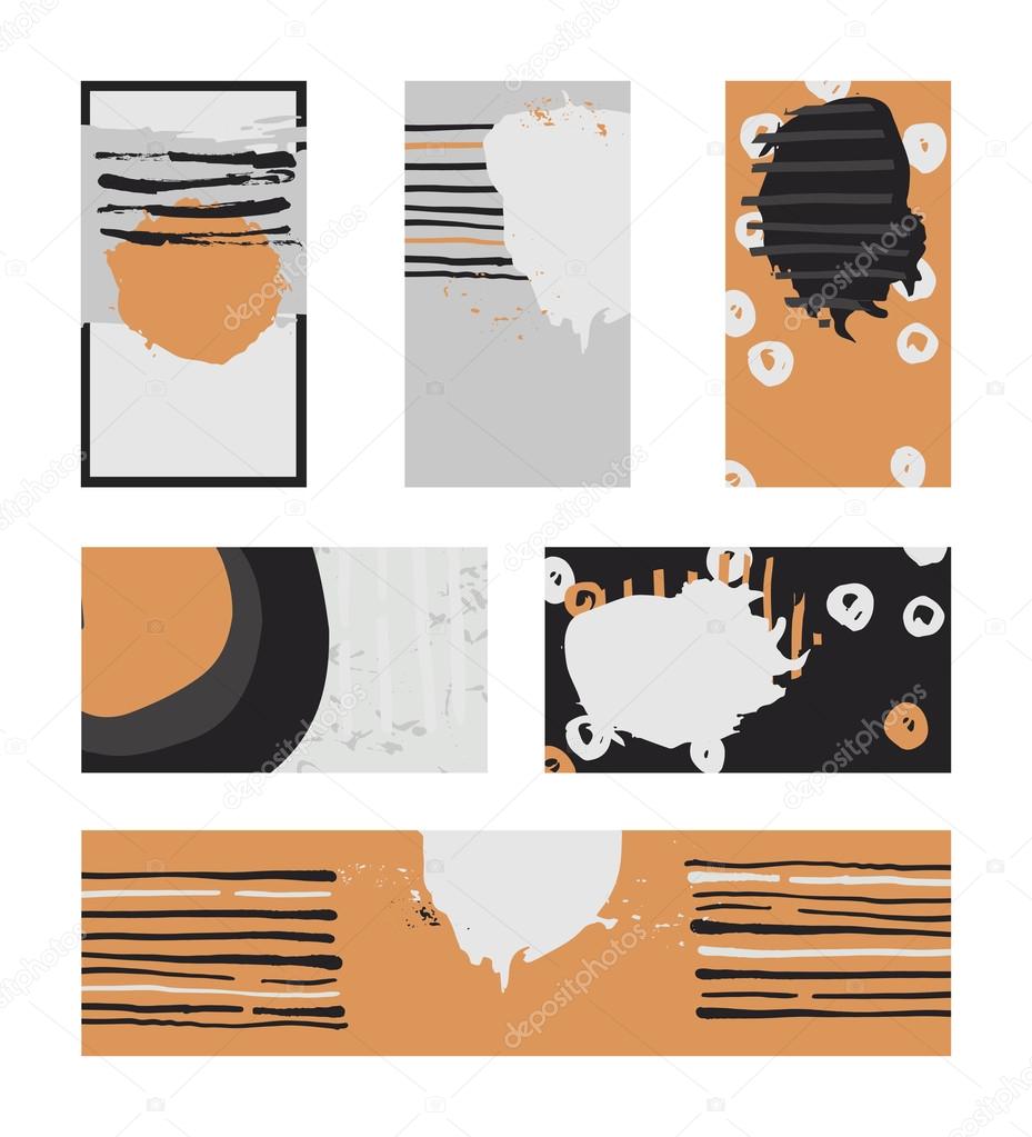Vector collection of contrast colored business vertical and horizontal cards and banner hand drawn with liquid ink and brush, with splashes, stripes and imperfections. Grey, black and orange colors