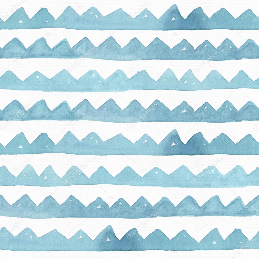 Seamless watercolor branding texture, based on toothed blue and aqua handdrawn stripes. Simple, stylish, rough. Raster illustration is full colored, vibrant, with associations of sea and mountains