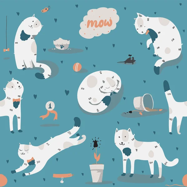 Patrón sin costuras con tipo funky gatos blancos, divertido, elegante. Ilustración vectorial con accesorios para gatos: comida, juguetes, flores rotas. Los gatitos están jugando, saltando, durmiendo sobre fondo azul — Vector de stock