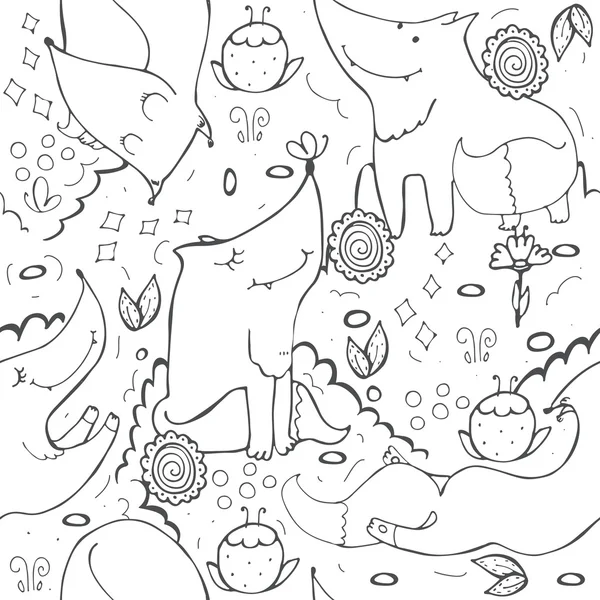 Seamless vector pattern with cute foxes and flowers on white background. Hand drawn monochrome illustration decorated with doodle flowers and butterflies. Kind childish texture. — Stock Vector