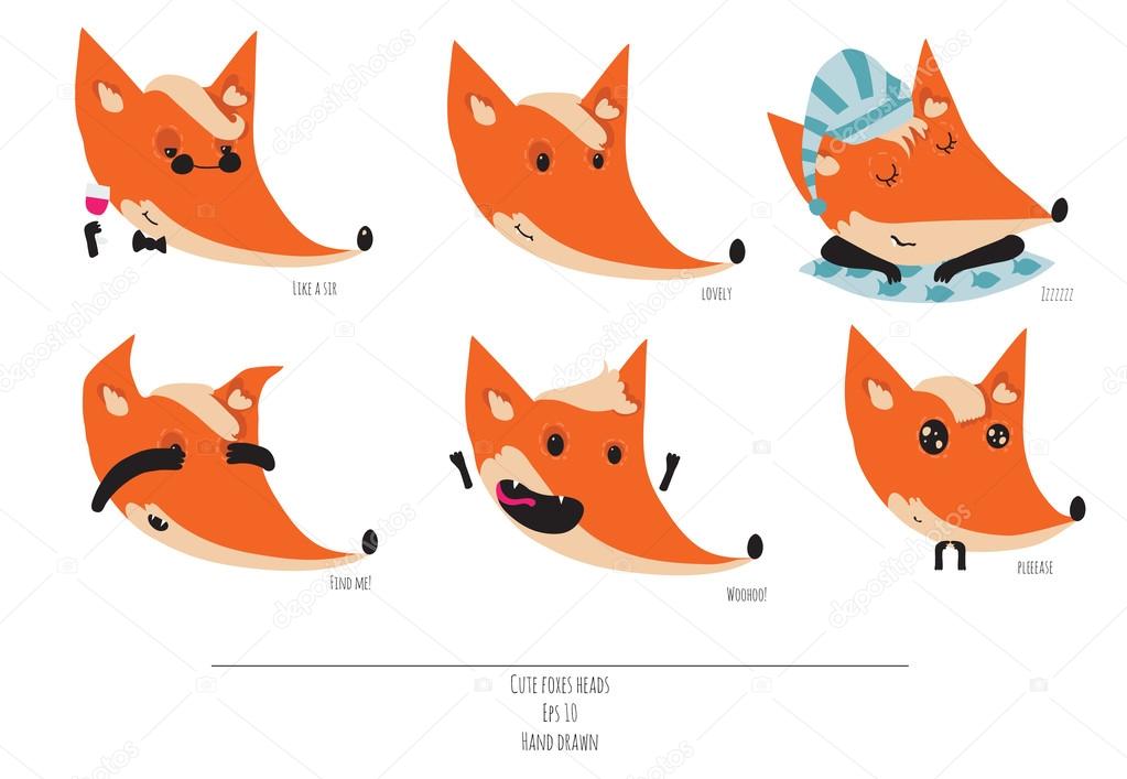 Cute vector set of playful foxes heads with various emotions. Sleepy, woohoo, hiding, please, like a sir, Hand drawn cute illustration isolated on white background.