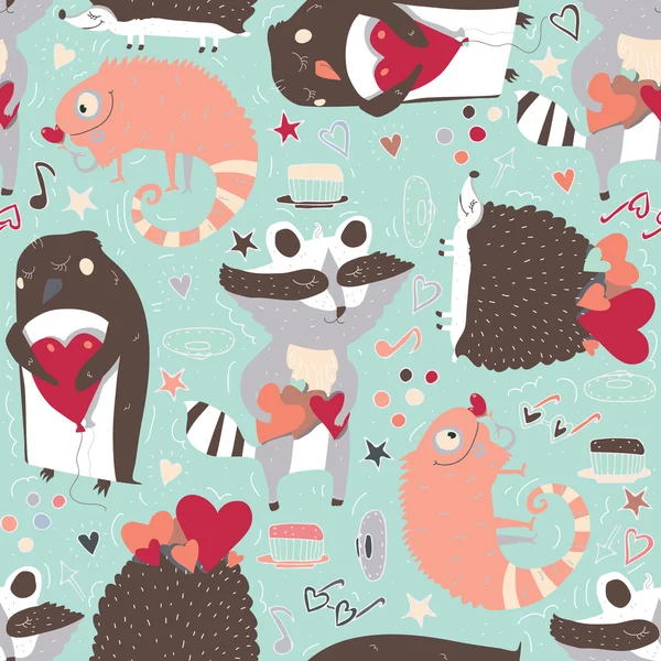 Rakun, iguana ve kirpi gibi sevimli hayvanlar ile sorunsuz vektör desen ve penguen yürekleri, doodle yıldız, kalp, elle çizilmiş dekor ile dekore edilmiş. Açık mavi üzerinde şirin illüstrasyon.