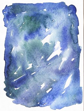 Mavi suluboya el soyut şekil mürekkep damlar ve tonları göre çizilmiş. Fırça ve liqid mürekkeple çizilmiş beyaz suluboya kağıdı illüstrasyon izole. Raster büyük grenli arka plan.