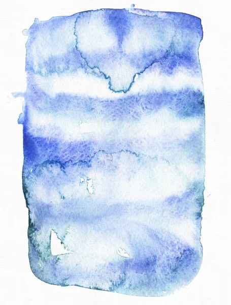 Blaues Aquarell, handgezeichnete abstrakte Form, basierend auf Tintentropfen und Schattierungen. isoliert auf weißem Aquarellpapier, gezeichnet mit Pinsel und flüssiger Tinte. Raster großer körniger Hintergrund. — Stockfoto