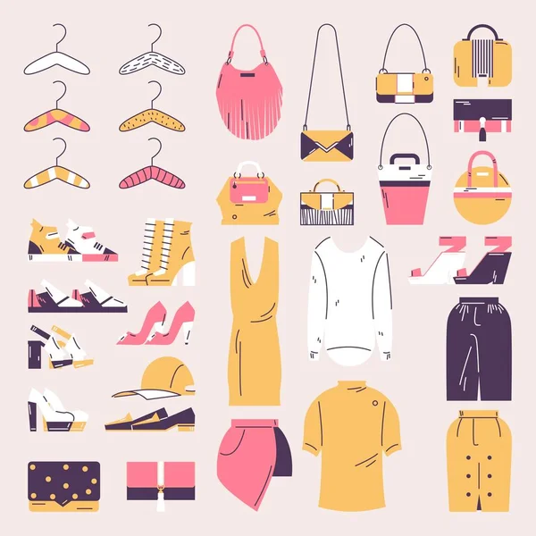 概要女性のワードローブ要素 ピンクと黄色で描かれた服 バッグ — ストックベクタ