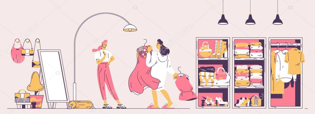 Wardrobe scene with personal stylist helping woman to look stylish. Outline graphic style drawn with pink and yellow, large mirror, shoes and bags.
