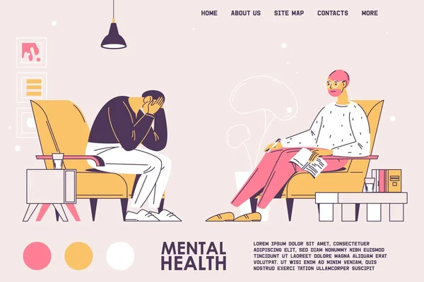 Plantilla Banner Concepto Salud Mental Psicoterapeuta Con Paciente Deprimido Colores — Archivo Imágenes Vectoriales