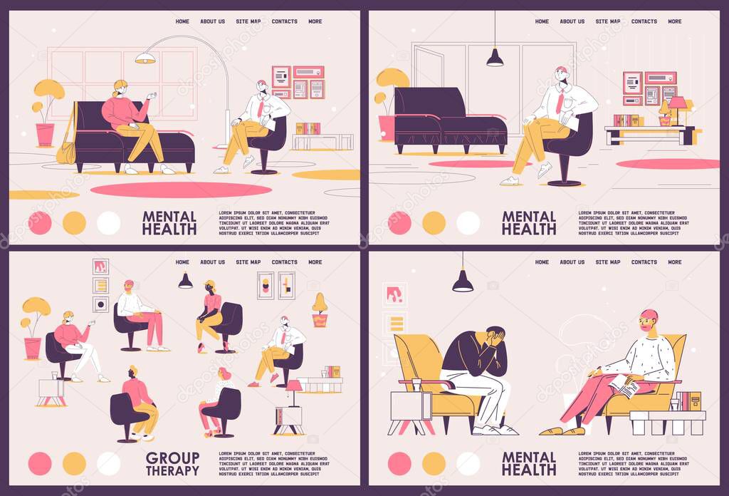 Mental health and problems landing page banners. People at psychotherapy, grouptherapy, depressed and during session. Vector collection in pink and yellow.