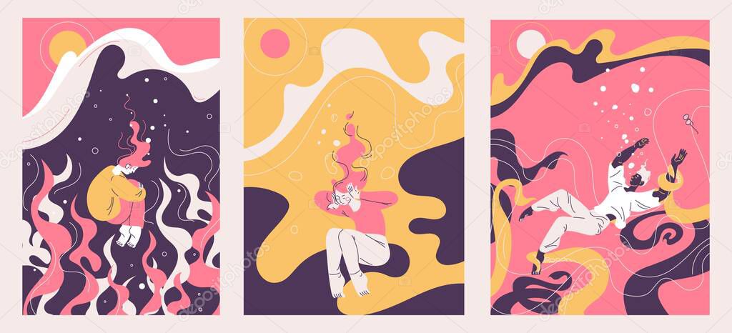 Concept illustrations about depression and mental problems. Vector outline collection with people drown in the sea of sadness. Pink, yellow and purple colors.