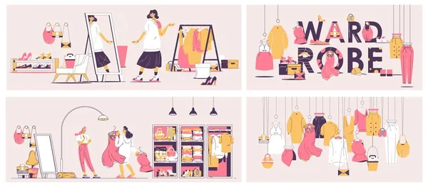 病媒概念场景与衣柜和衣柜 精品店和个人风格的粉红色和黄色 描绘与轮廓风格 选择服装和风格的妇女 — 图库矢量图片
