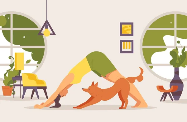 Ilustração Conceito Doga Mulher Com Animal Estimação Fazendo Exercícios Treinamento — Vetor de Stock