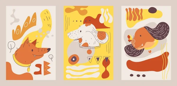 Tarjetas Abstractas Vectoriales Con Cabezas Perro Formas Abstractas Colores Amarillo — Archivo Imágenes Vectoriales