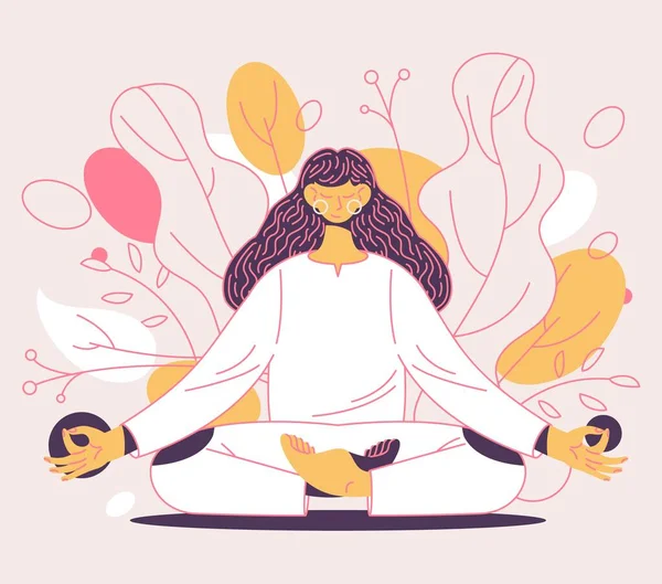 Mindfulness Ilustração Conceito Com Mulher Fazendo Prática Ioga Verdura Folhas —  Vetores de Stock