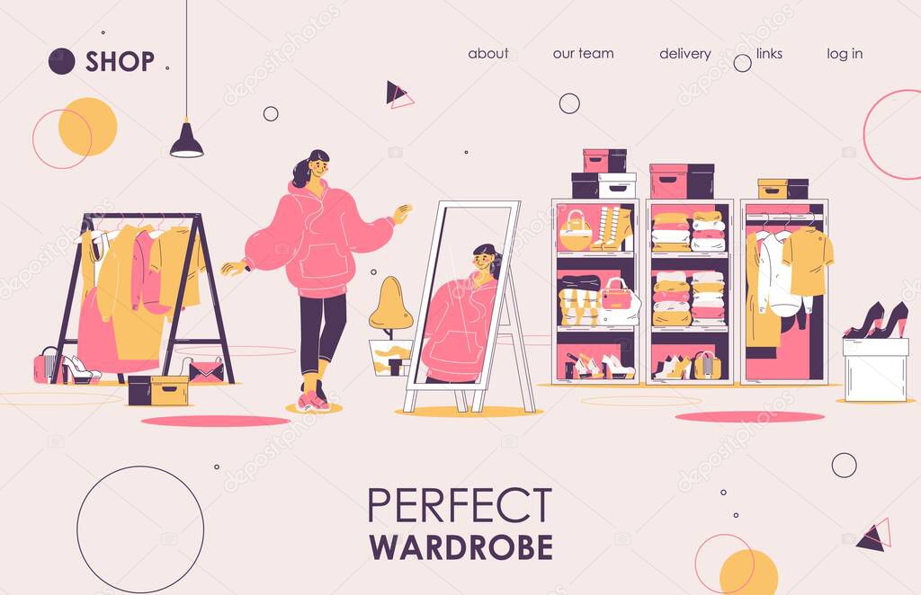 Perfect wardrobe concept landing page banner template. Vector female character looking at the mirror in oversize hoodie.