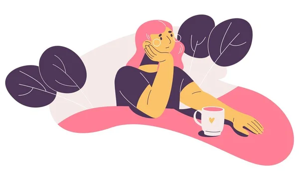 Entspannte Frau Mit Teetasse Verträumter Stimmung Die Ihre Zeit Genießt — Stockvektor