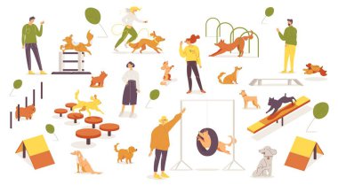 Çevik köpek eğitim okulu köpek yavruları için iyi bir eğitim ve evcil hayvanlarla oynamak için çeşitli ekipmanlara sahiptir. Sahipleri ve gölgeleri olan vektör konsepti.