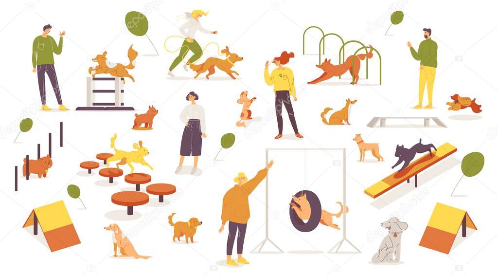 Agility dog training school woth various equipment good for education for puppies and play with pets. Vector concept illustration with owners and shadows.