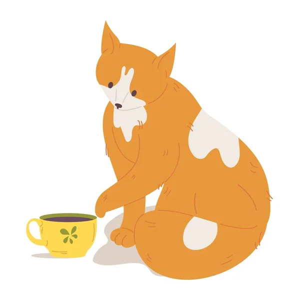 Ginger Precioso Gato Mueve Taza Vector Aislado Escena Blanca Dibujado — Vector de stock