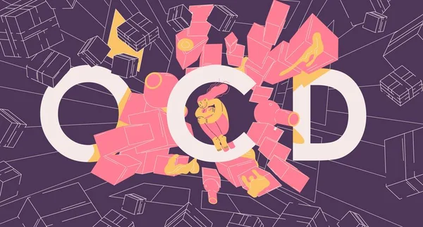 Obsedantně Kompulzivní Porucha Koncept Ilustrace Ženou Trpící Ocd Sbírání Věcí — Stockový vektor