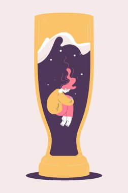 Depresyonda olan genç bir kadın bira bardağında boğuluyor. Alkolizm ve ağır alkol hakkındaki illüstrasyon.