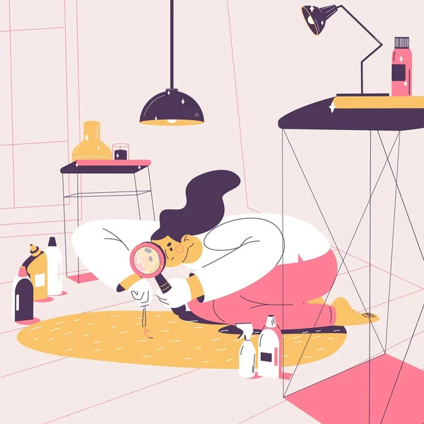 Femme Avec Ocd Nettoyer Maison Avec Attention Avec Loupe Illustration — Image vectorielle