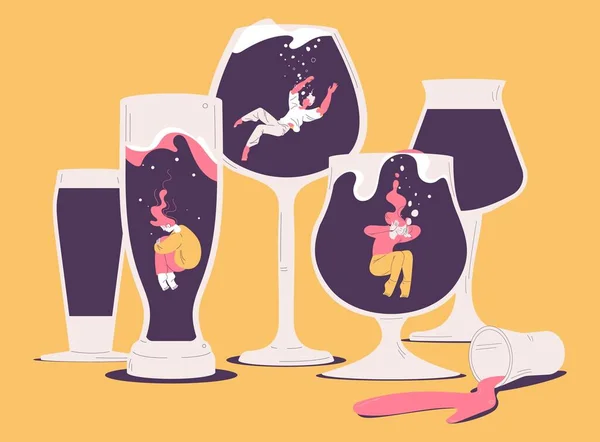 Люди Страдающие Пьянства Концептуальная Иллюстрация Депрессивными Персонажами Погружается Различные Алкогольные — стоковый вектор