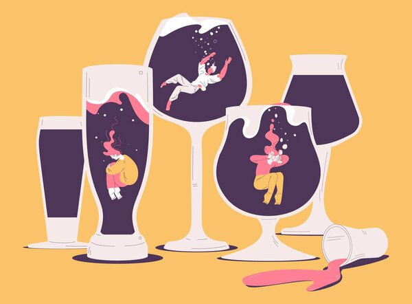 Люди, страдающие от пьянства. Концептуальная иллюстрация с депрессивными персонажами погружается в различные алкогольные очки. Эффекты алкоголизма.